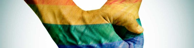 Gay couple holding hands patterned as the rainbow flag
